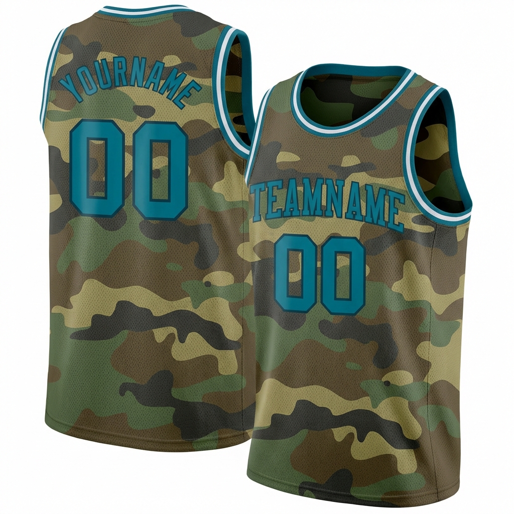 Custom Camo Teal & White Salute To Service Basketball City Edition Jersey