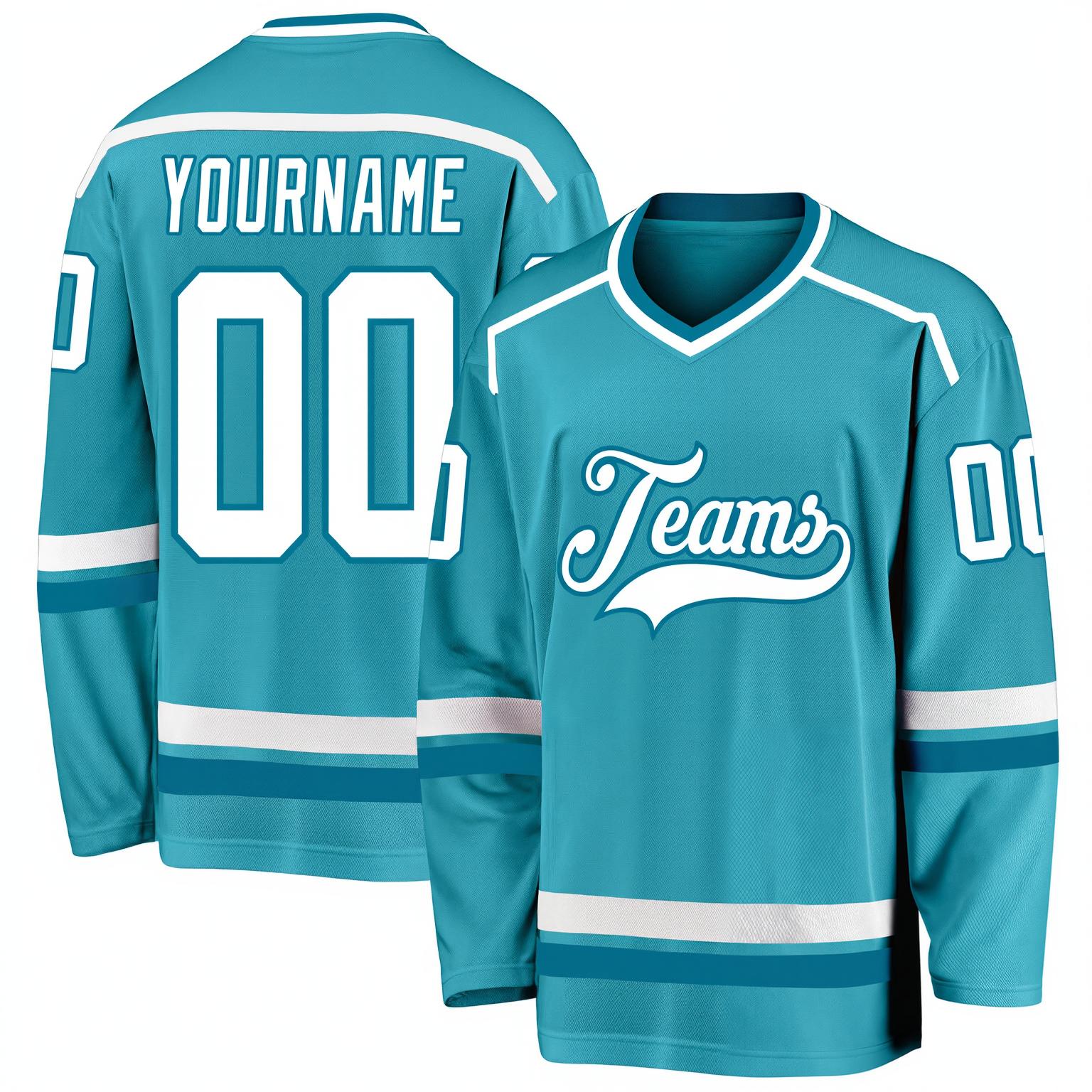 Custom Aqua & White/Teal Hockey Jersey