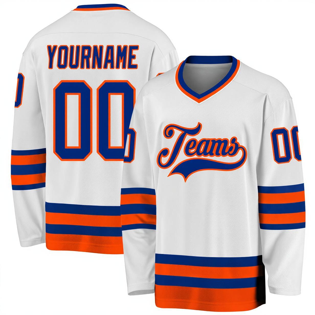 Custom White & Royal/Orange Hockey Jersey