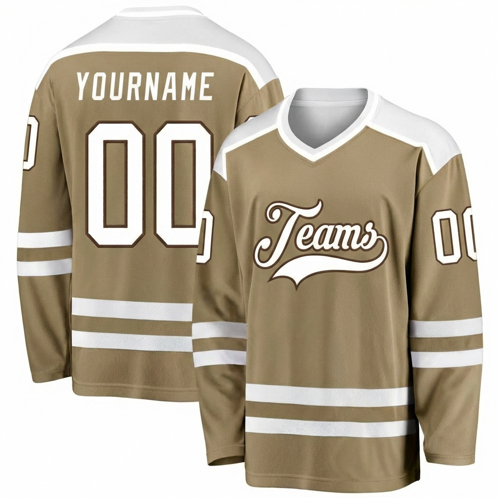 Custom Khaki & White/Brown Hockey Jersey
