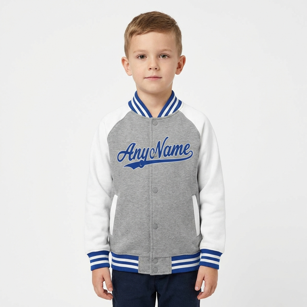 Custom Grey & Royal/White Raglan Sleeves Full-Snap Fleece Jacket