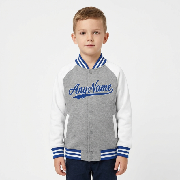 Custom Grey & Royal/White Raglan Sleeves Full-Snap Fleece Jacket