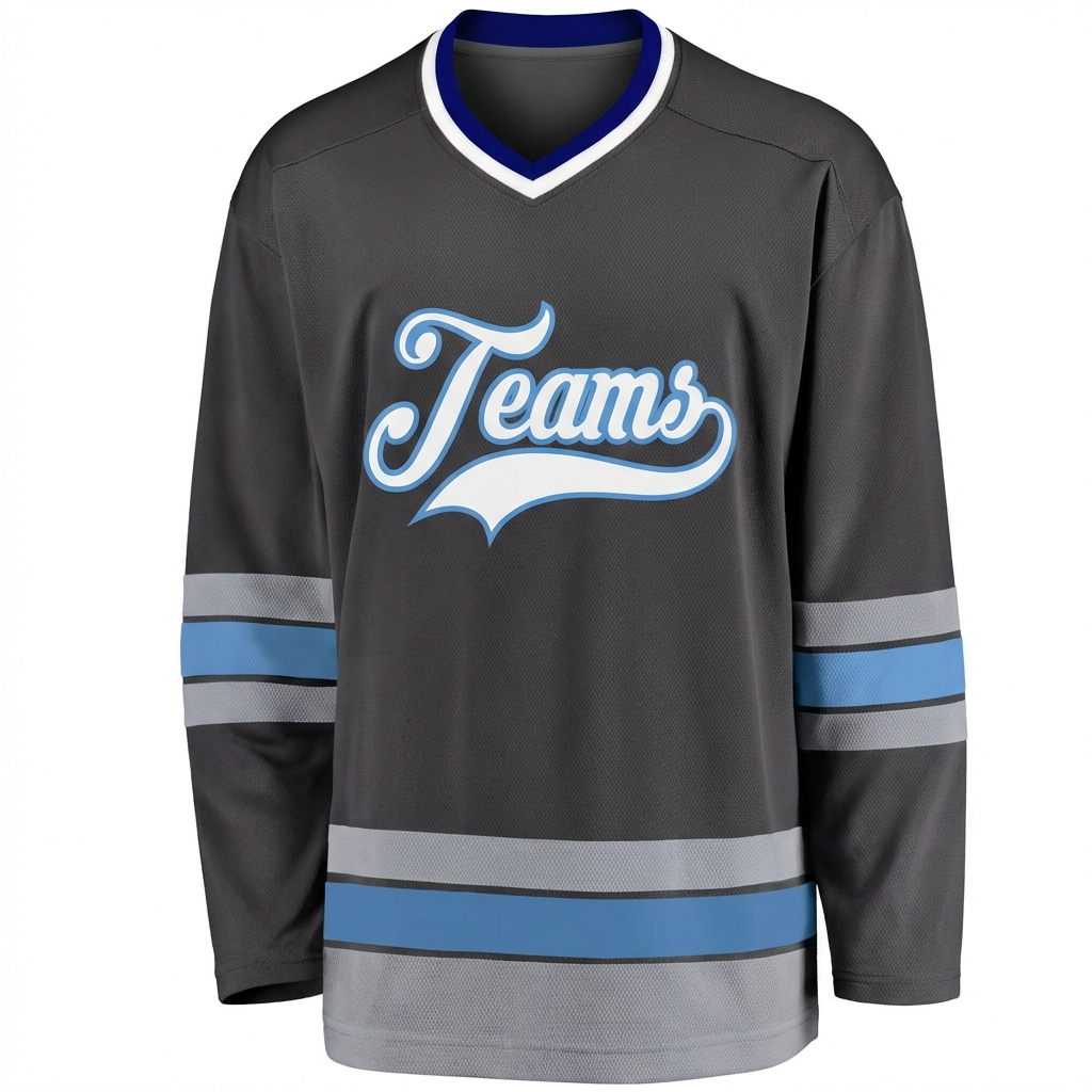 Custom Dark Grey & White/Blue Hockey Jersey