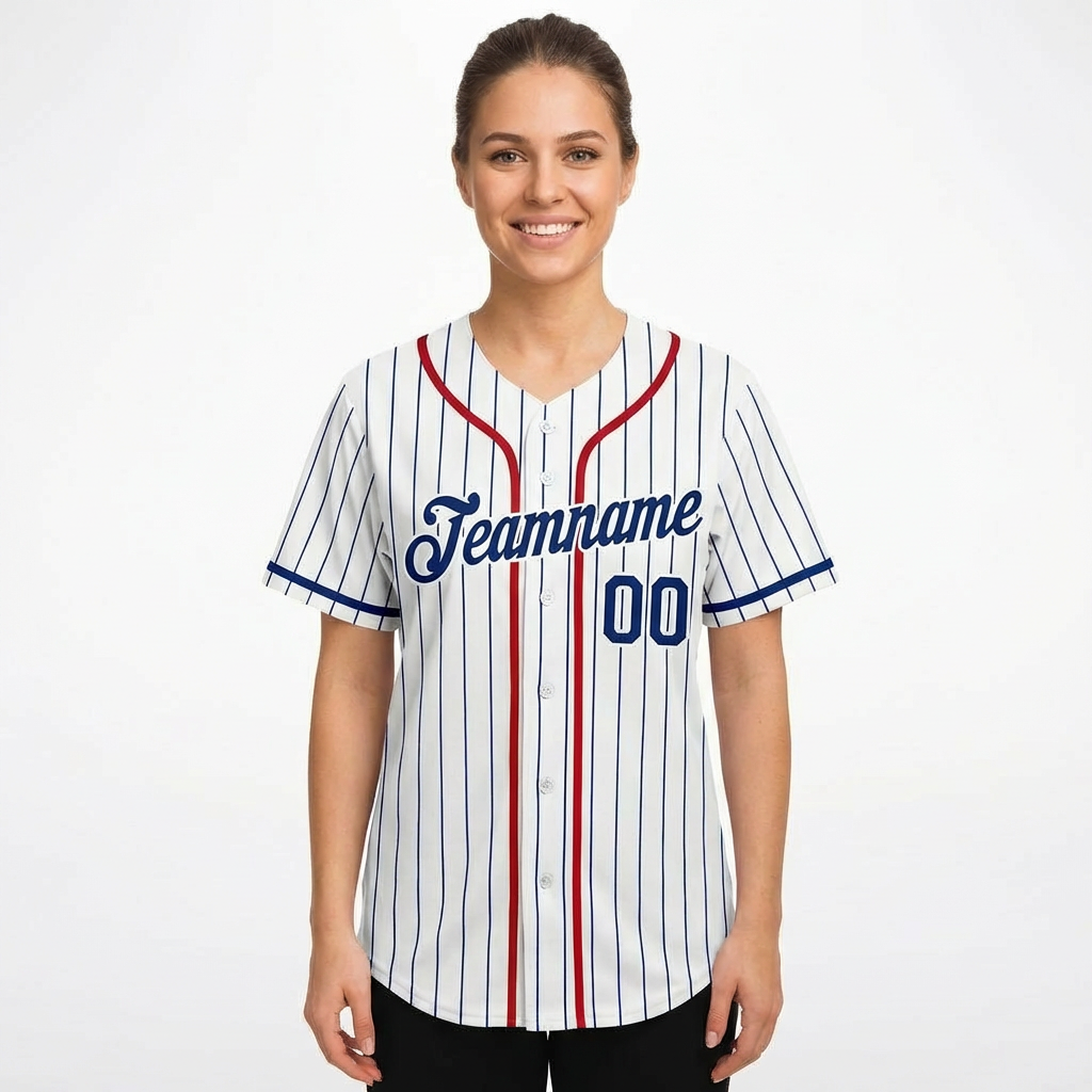 Custom White & Red/Royal Blue Pinstripes Baseball Jersey
