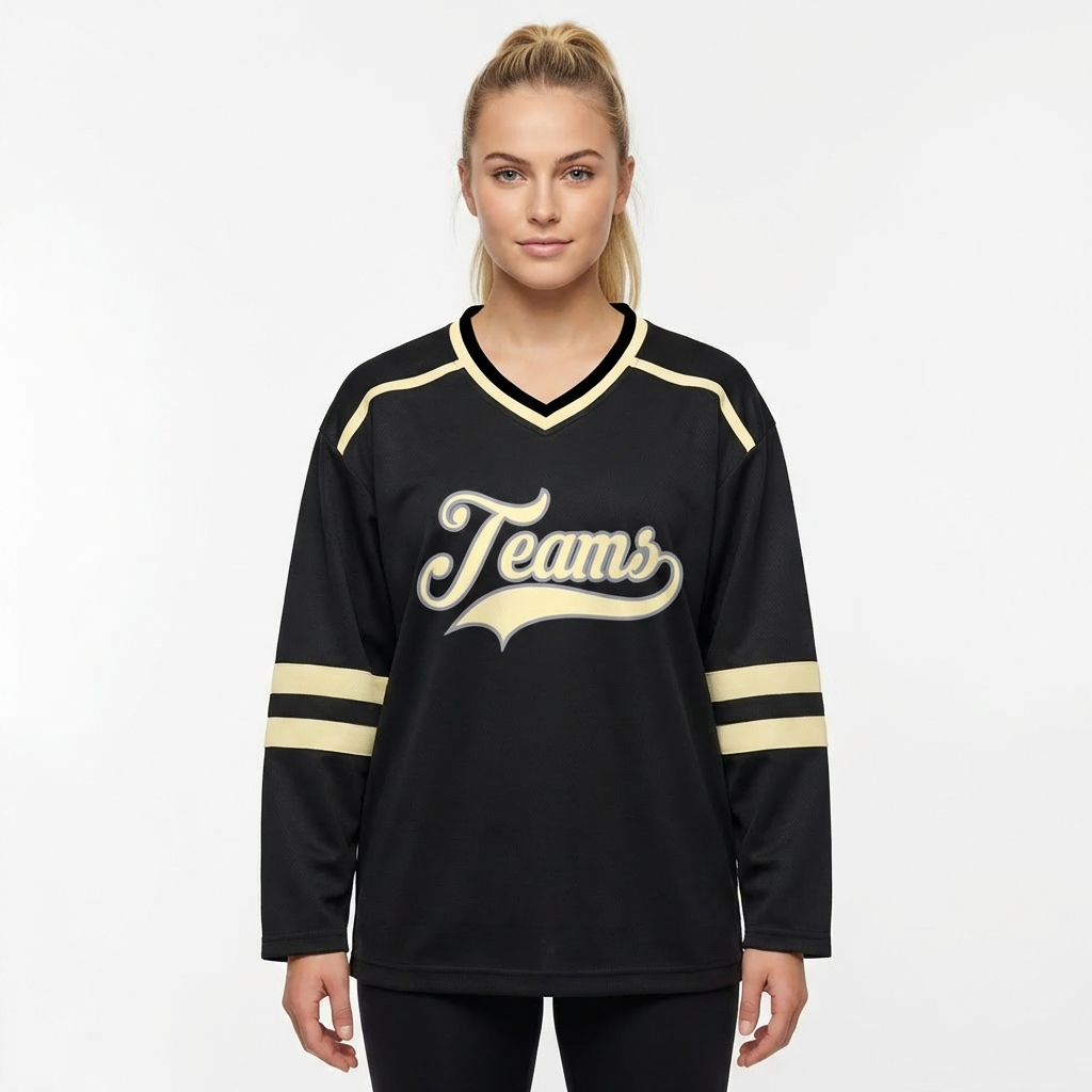 Custom Black & Cream/Grey Hockey Jersey