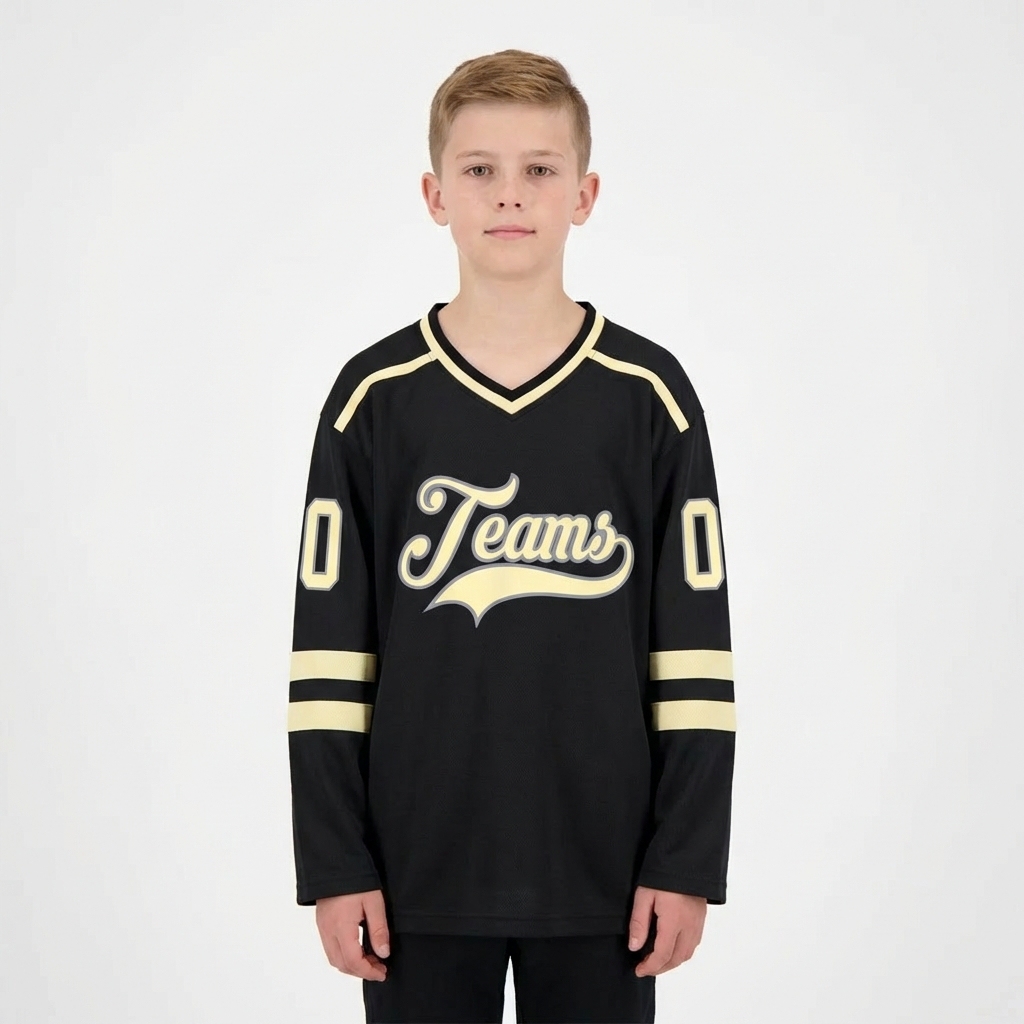 Custom Black & Cream/Grey Hockey Jersey