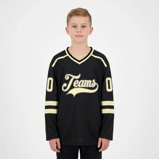 Custom Black & Cream/Grey Hockey Jersey