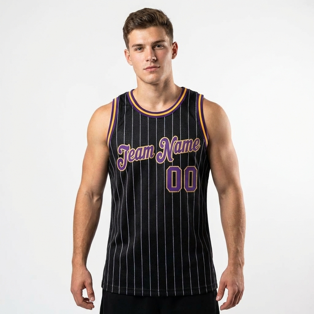 Custom Black & Purple/Gold Pinstripes Basketball City Edition Jersey