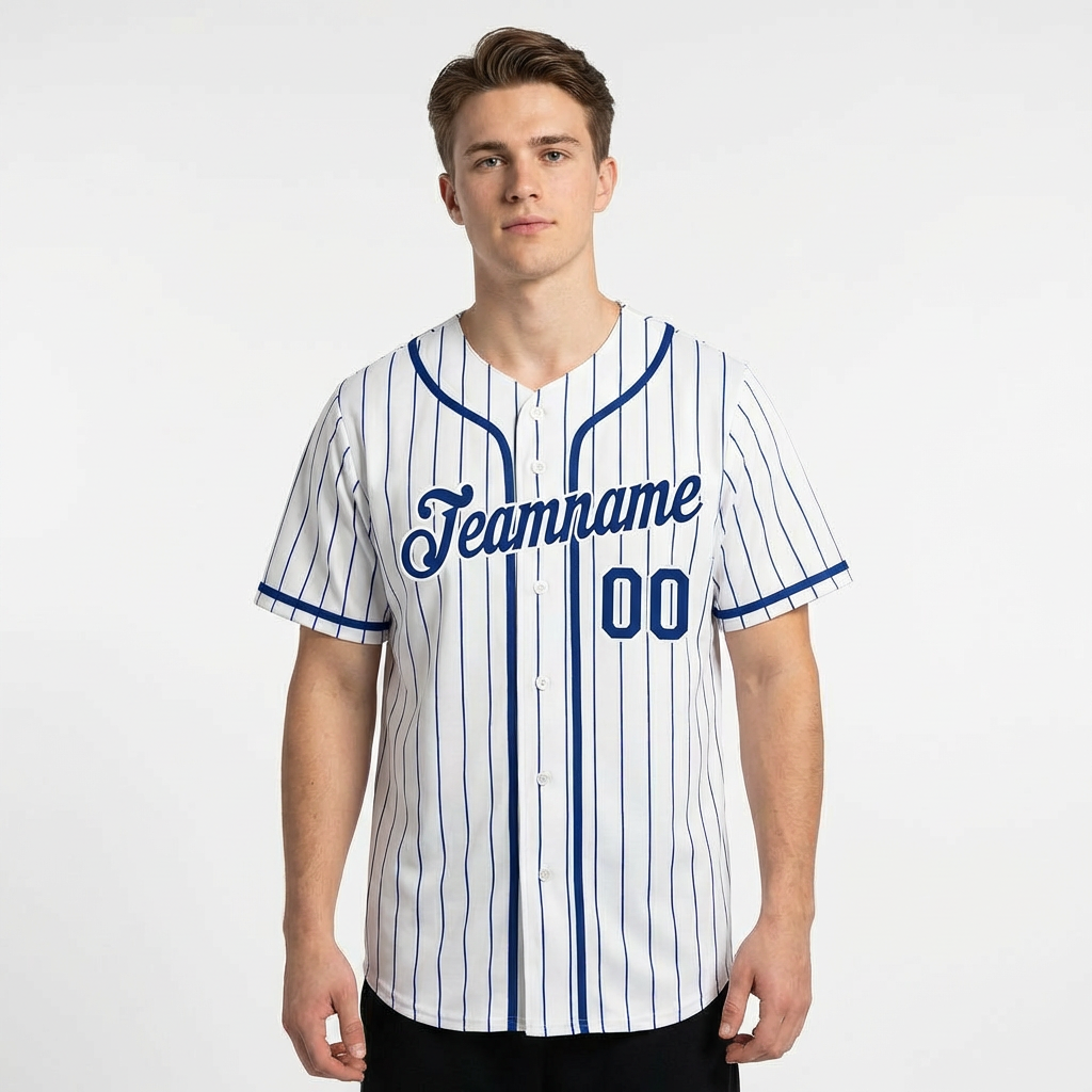 Custom White & Royal Blue Pinstripes Baseball Jersey