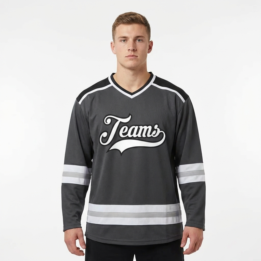 Custom Dark Grey & White/Black Hockey Jersey