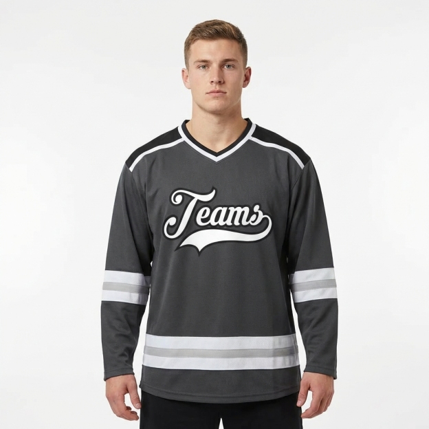 Custom Dark Grey & White/Black Hockey Jersey