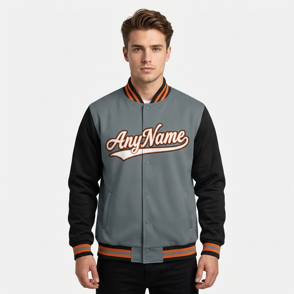 Custom Grey & White/Orange Raglan Sleeves Full-Snap Fleece Jacket
