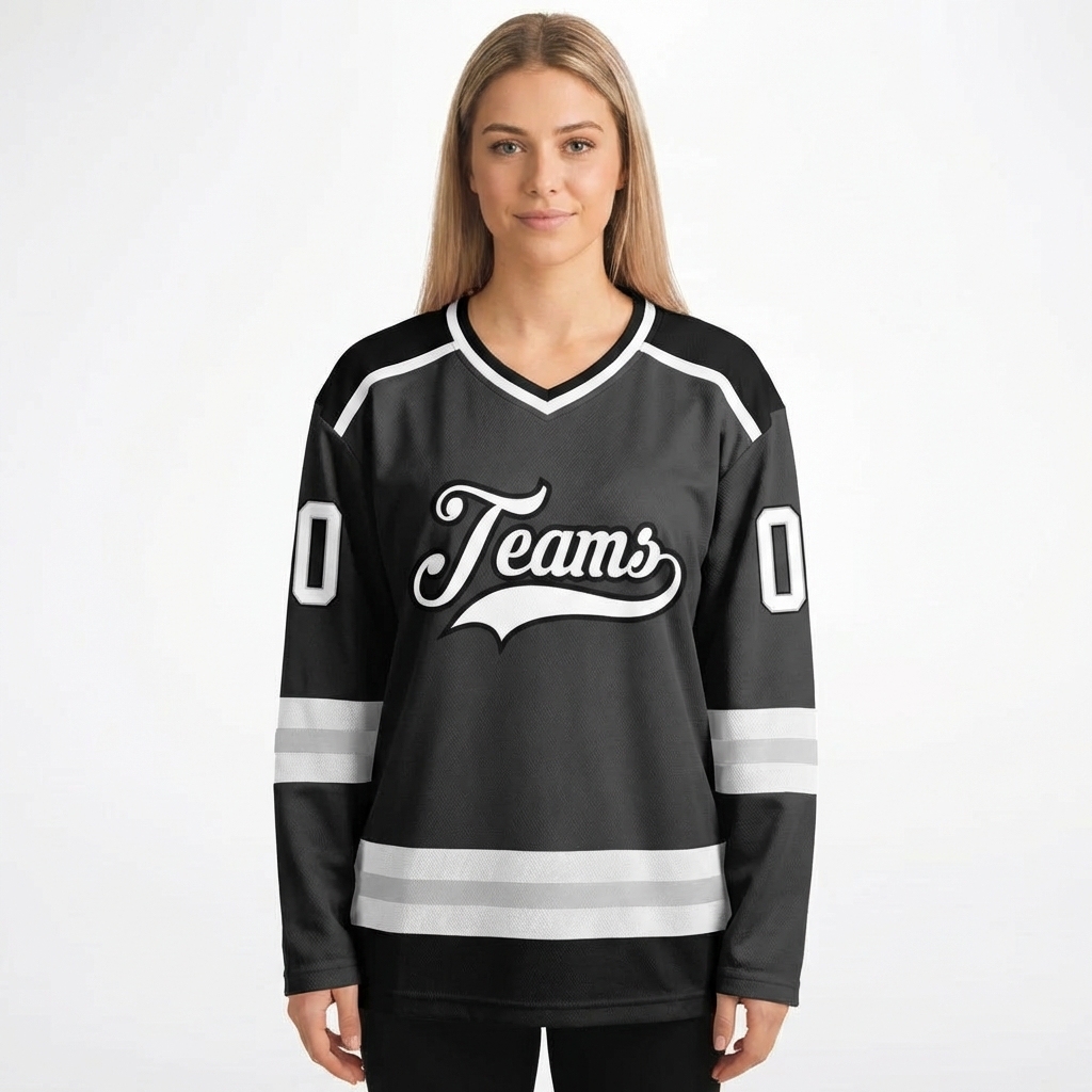 Custom Dark Grey & White/Black Hockey Jersey