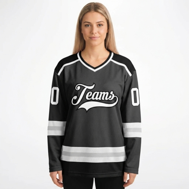 Custom Dark Grey & White/Black Hockey Jersey