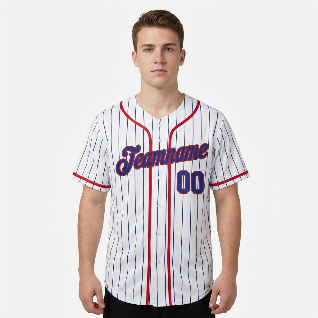 Custom White & Red/Royal Blue Pinstripes Baseball Jersey