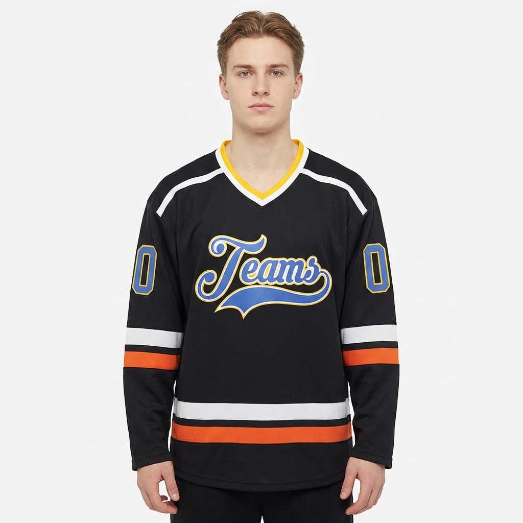 Custom Black & Blue/White-Yellow Hockey Jersey