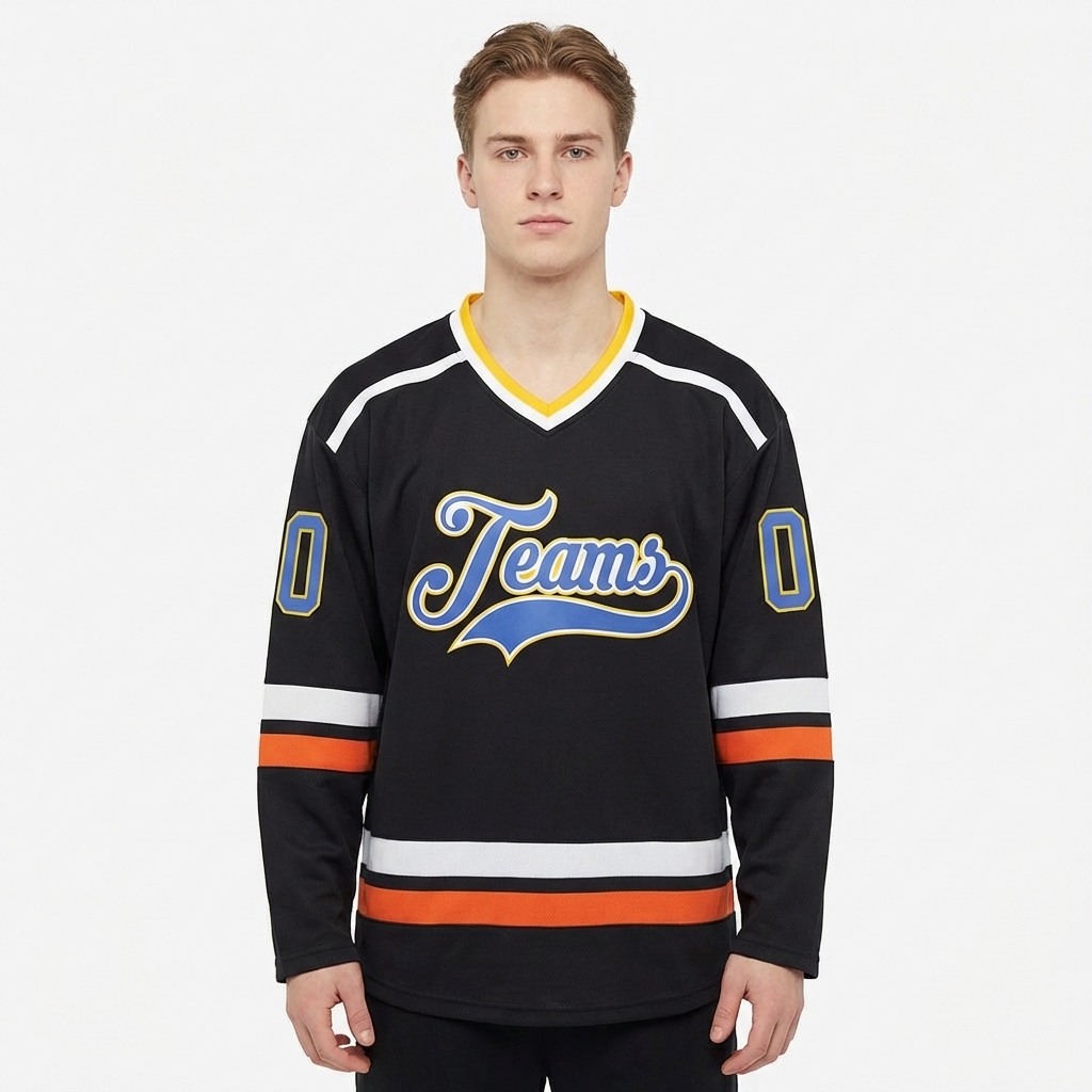Custom Black & Blue/White-Yellow Hockey Jersey