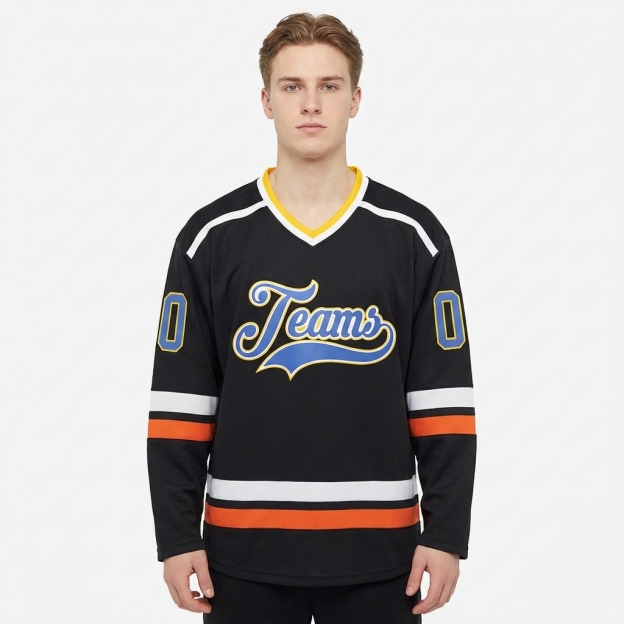 Custom Black & Blue/White-Yellow Hockey Jersey