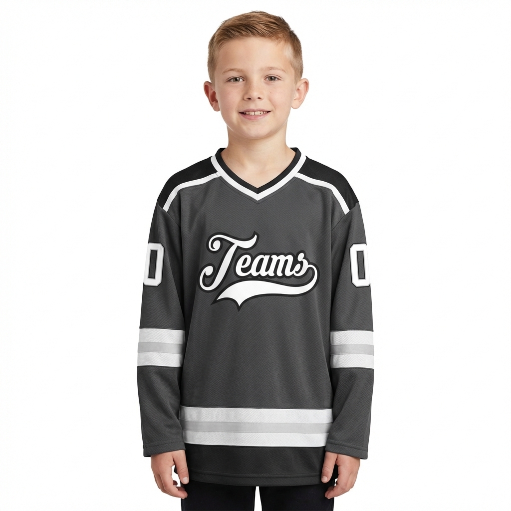 Custom Dark Grey & White/Black Hockey Jersey