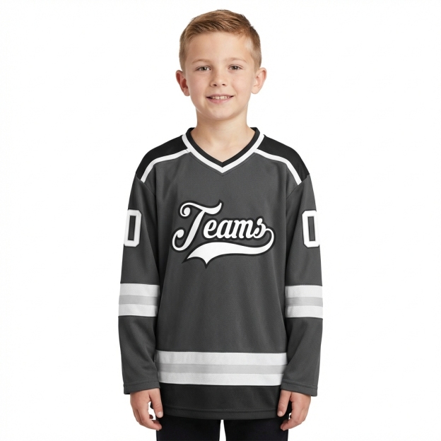 Custom Dark Grey & White/Black Hockey Jersey