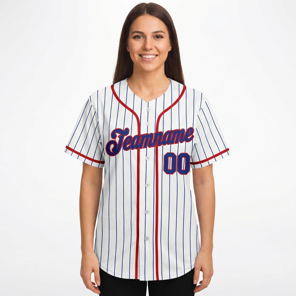 Custom White & Red/Royal Blue Pinstripes Baseball Jersey