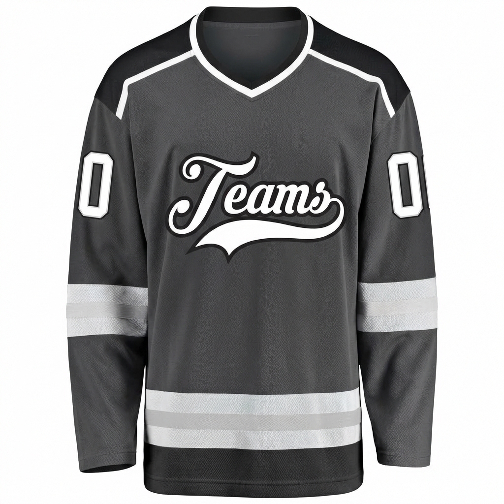 Custom Dark Grey & White/Black Hockey Jersey