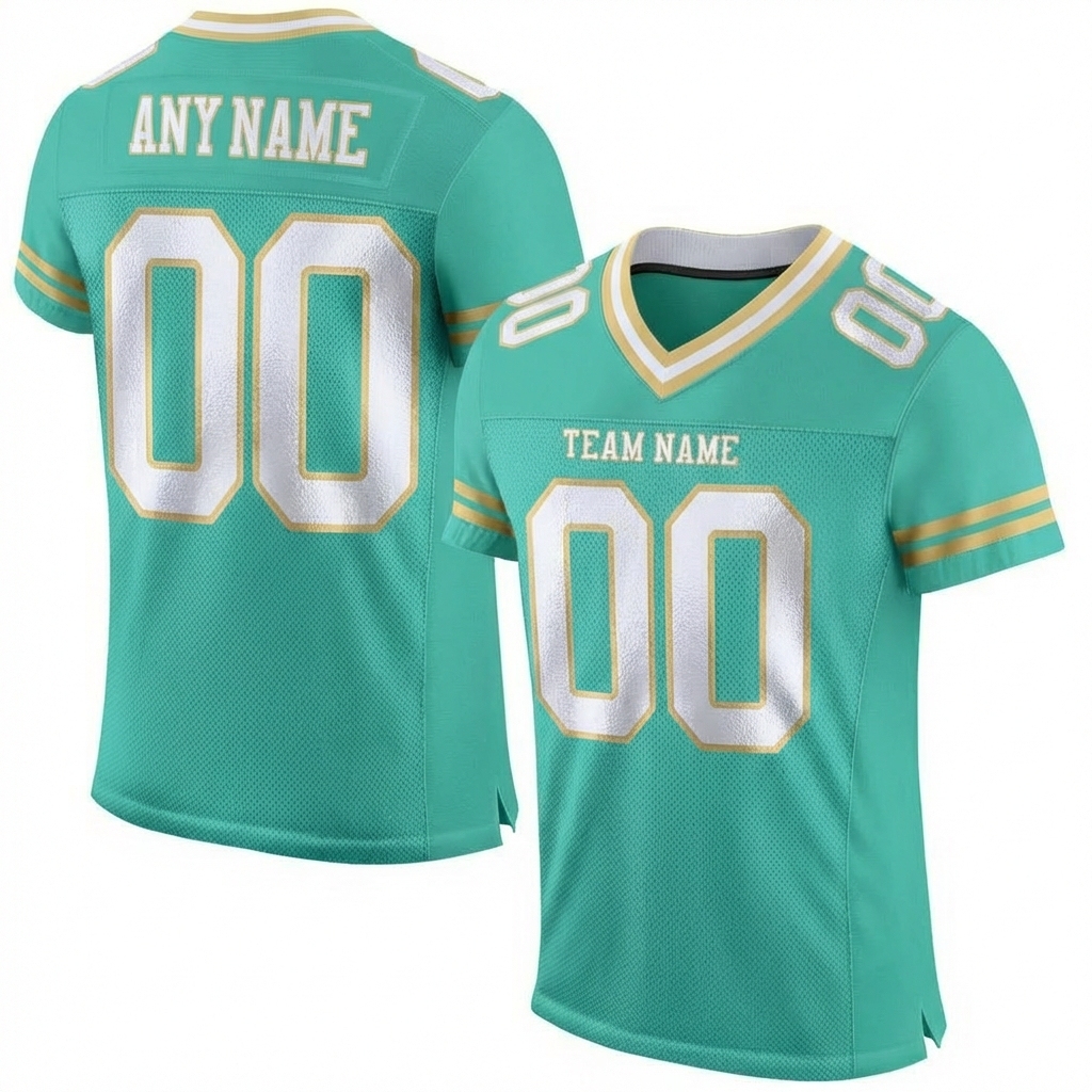 Custom Aqua & White/Gold Football Jersey