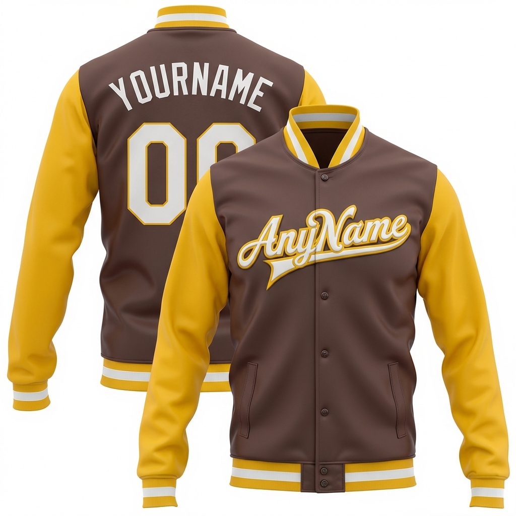 Custom Brown & White/Yellow Full-Snap Raglan Sleeves Fleece Jacket