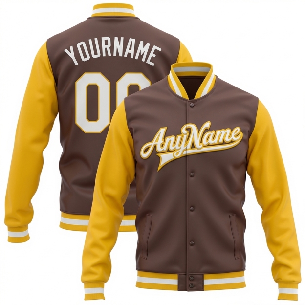Custom Brown & White/Yellow Full-Snap Raglan Sleeves Fleece Jacket