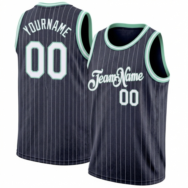Custom Navy & White/Green Pinstripes Basketball City Edition Jersey