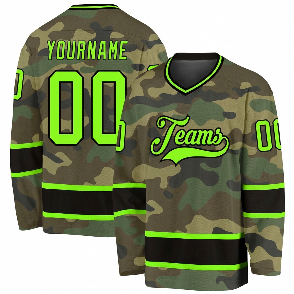 Custom Camo Green & Black Salute To Service Hockey Jersey