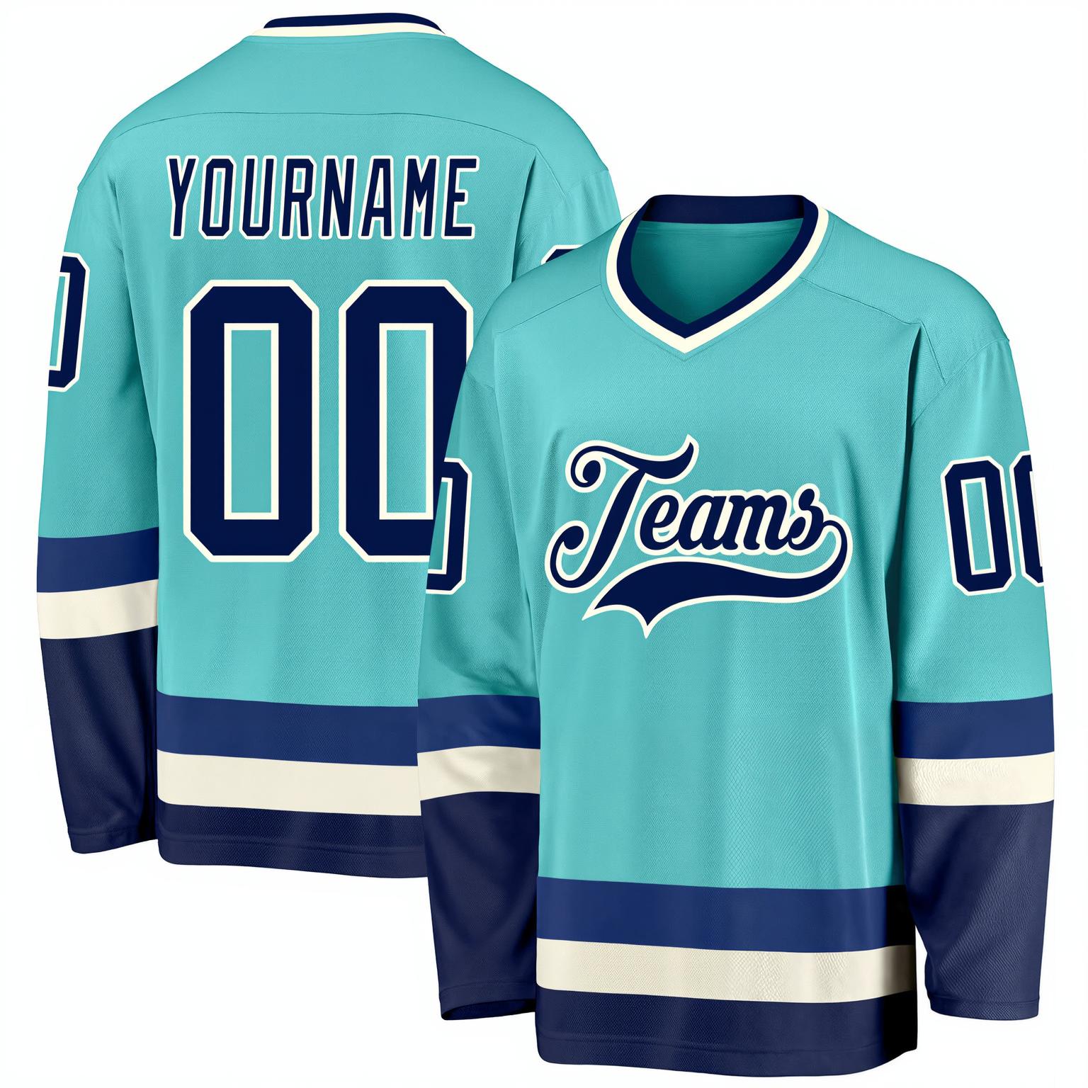 Custom Aqua & Navy/White Hockey Jersey