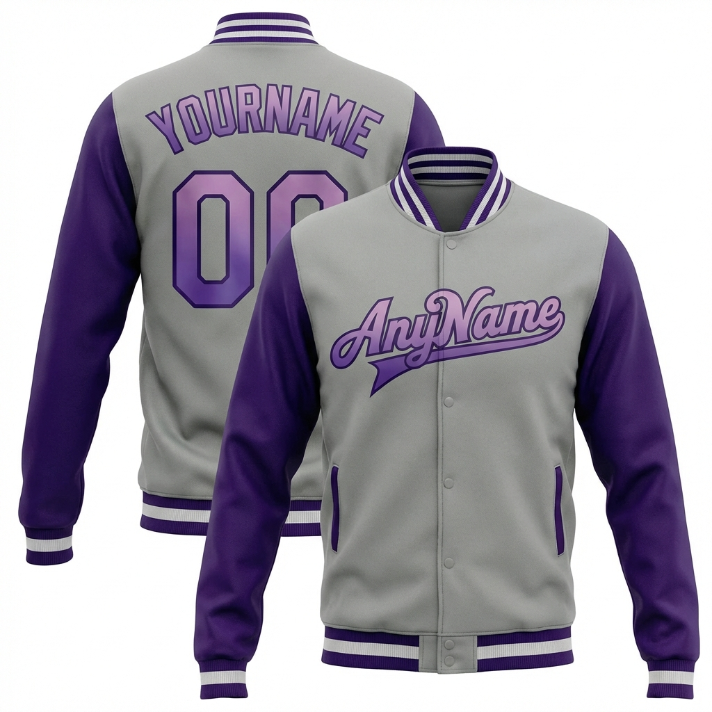 Custom Grey & White/Purple Raglan Sleeves Full-Snap Fleece Jacket