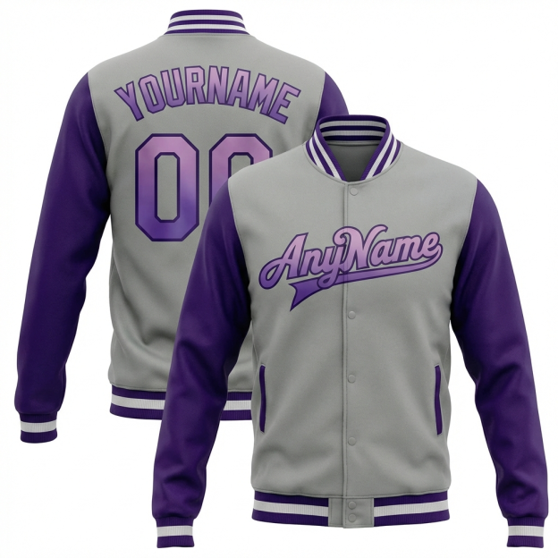 Custom Grey & White/Purple Raglan Sleeves Full-Snap Fleece Jacket