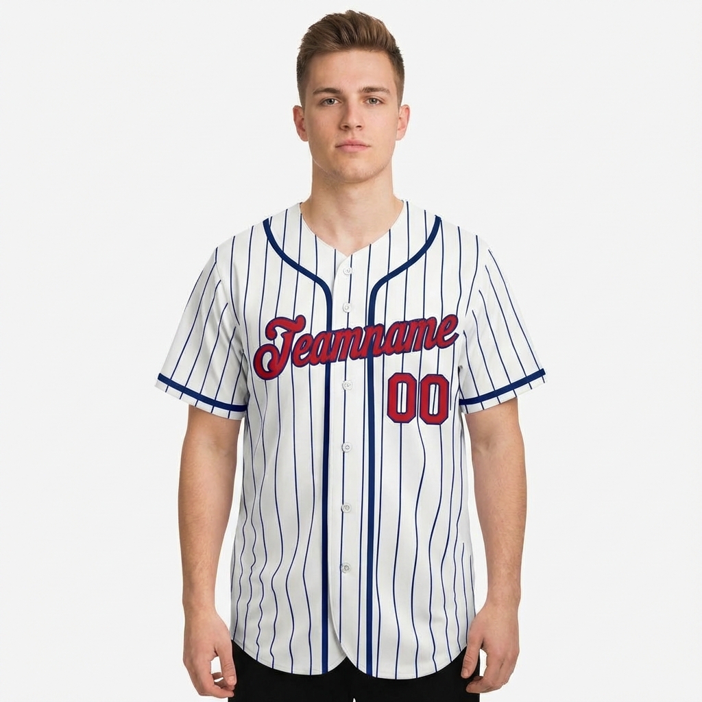 Custom White & Red/Navy Pinstripes Baseball Jersey