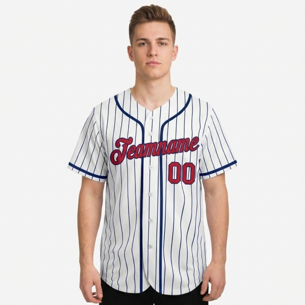 Custom White & Red/Navy Pinstripes Baseball Jersey