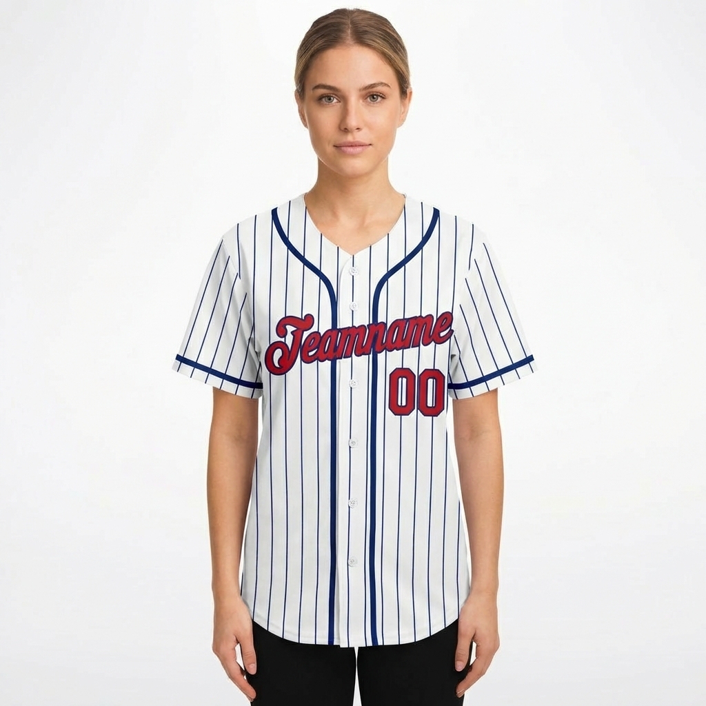 Custom White & Red/Navy Pinstripes Baseball Jersey