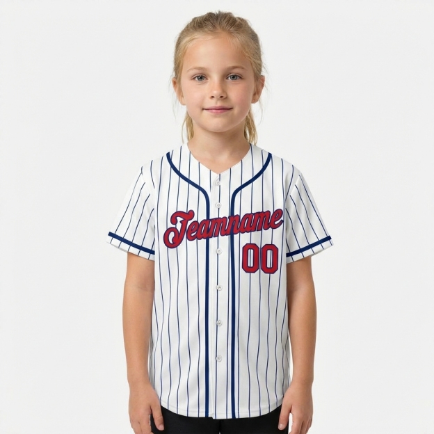 Custom White & Red/Navy Pinstripes Baseball Jersey