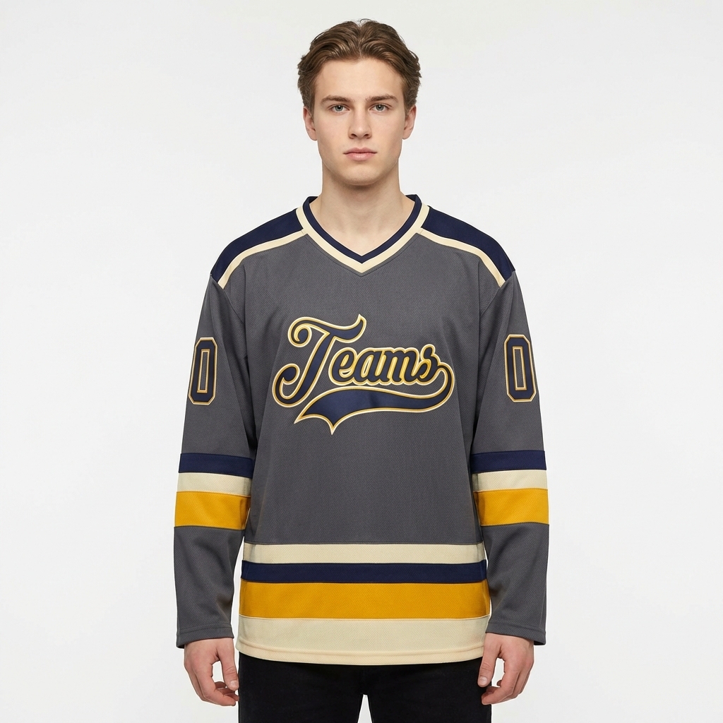 Custom Dark Grey & Purple/Gold-Cream Hockey Jersey