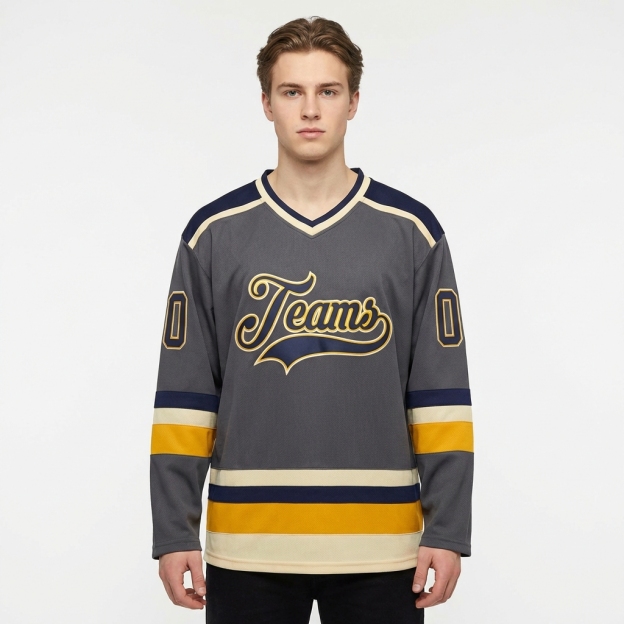 Custom Dark Grey & Purple/Gold-Cream Hockey Jersey