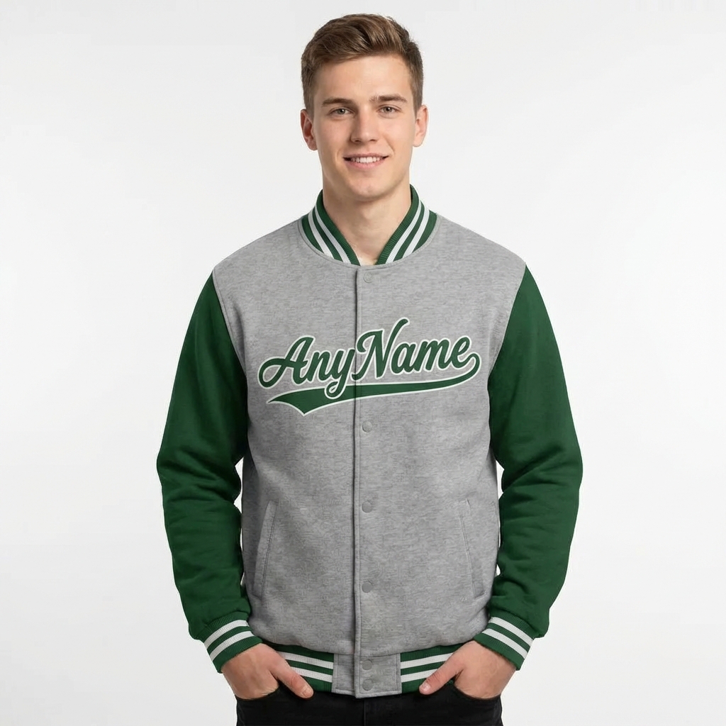 Custom Grey & Green/White Raglan Sleeves Full-Snap Fleece Jacket