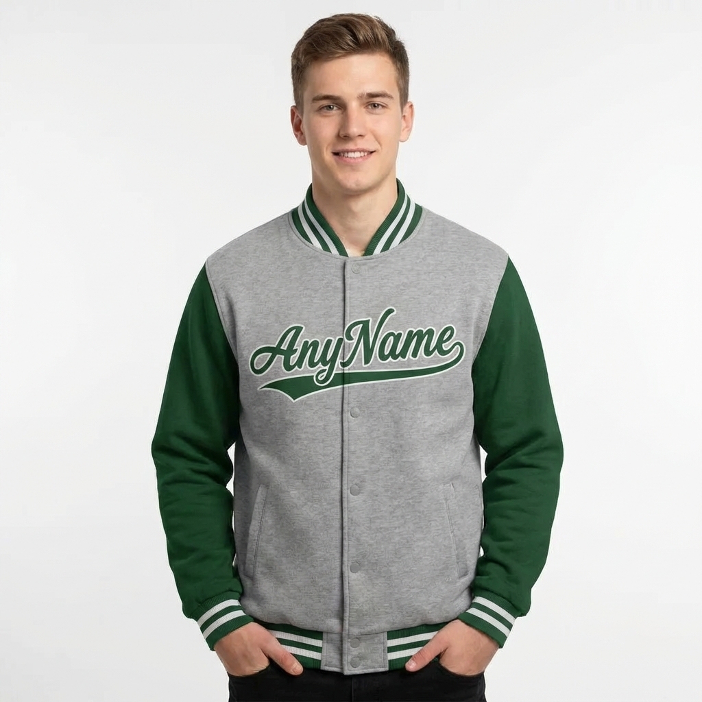 Custom Grey & Green/White Raglan Sleeves Full-Snap Fleece Jacket