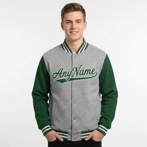 Custom Grey & Green/White Raglan Sleeves Full-Snap Fleece Jacket