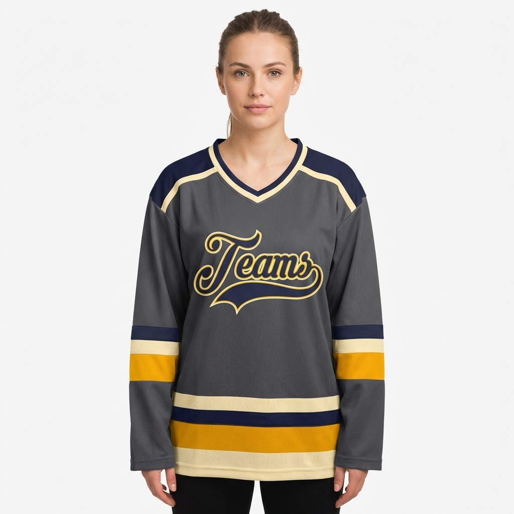 Custom Dark Grey & Purple/Gold-Cream Hockey Jersey