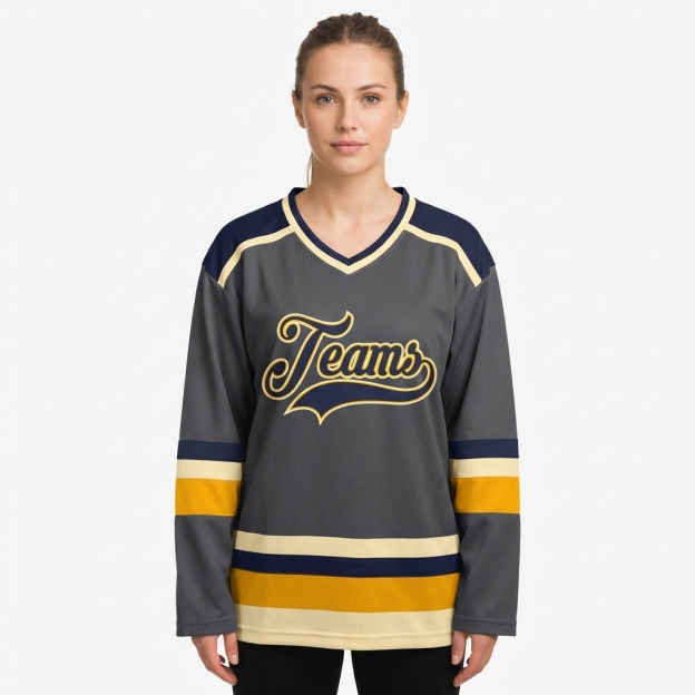 Custom Dark Grey & Purple/Gold-Cream Hockey Jersey