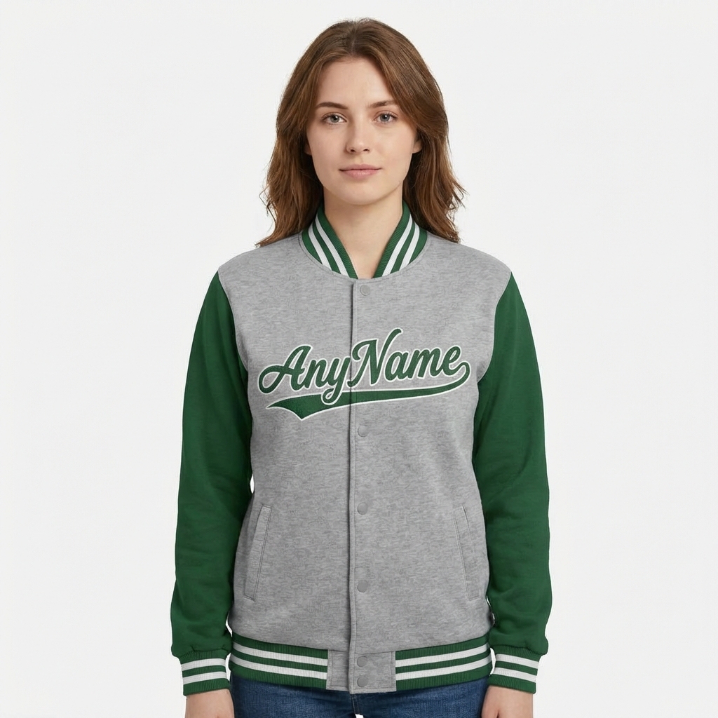 Custom Grey & Green/White Raglan Sleeves Full-Snap Fleece Jacket