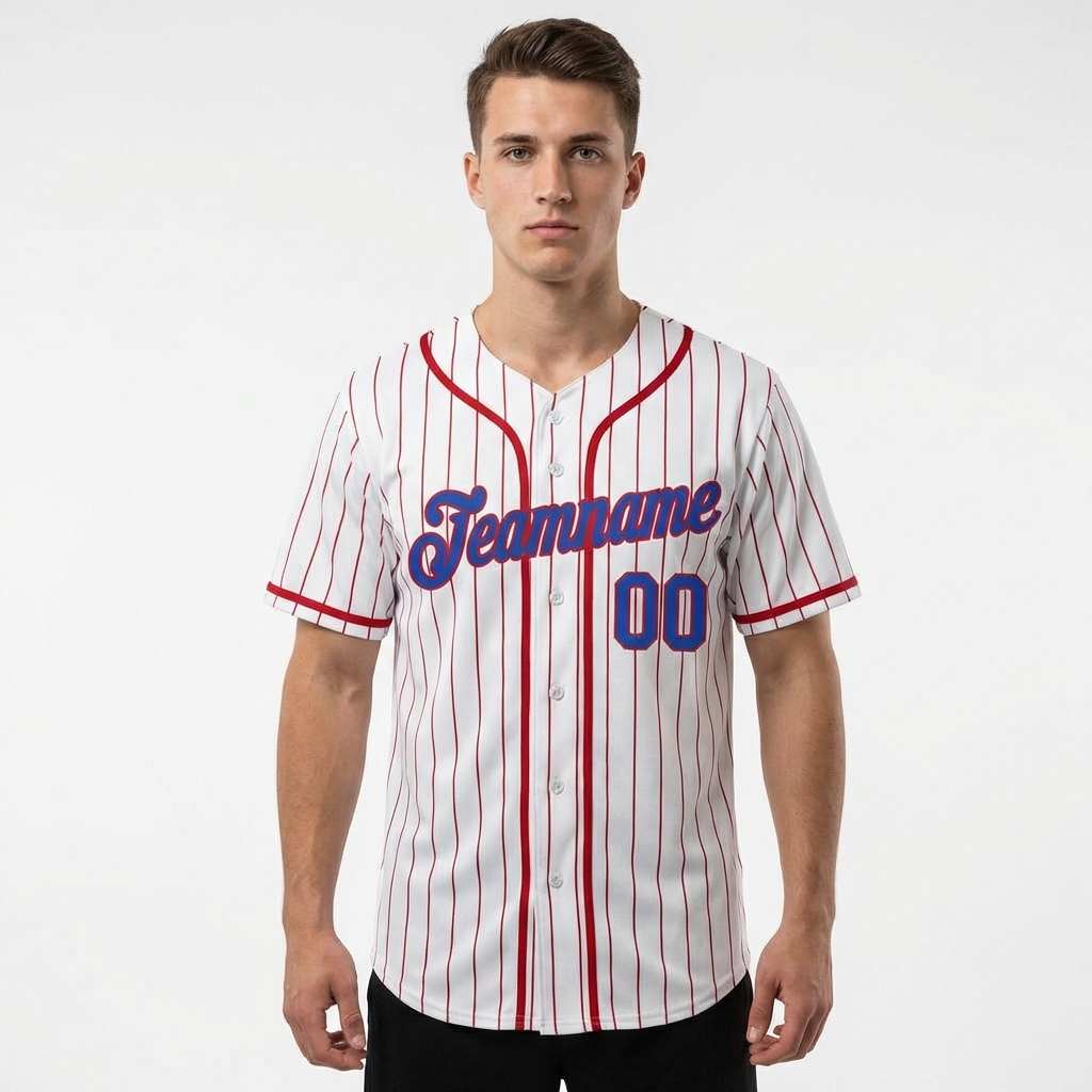 Custom White & Blue/Red Pinstripes Baseball Jersey