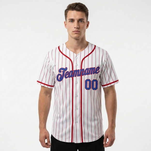 Custom White & Blue/Red Pinstripes Baseball Jersey