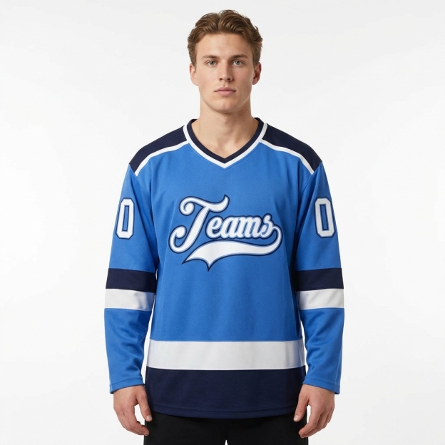 Custom Blue & White/Black Hockey Jersey