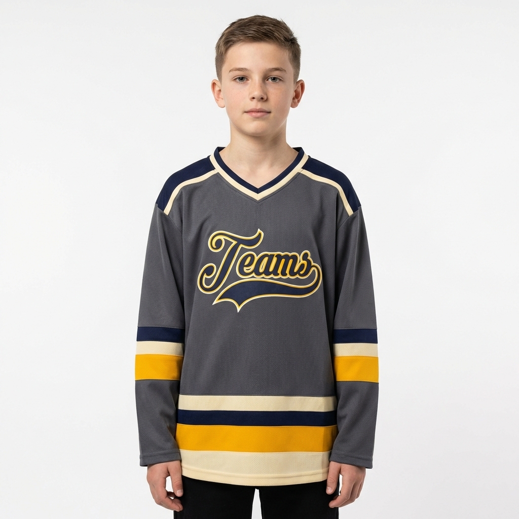 Custom Dark Grey & Purple/Gold-Cream Hockey Jersey